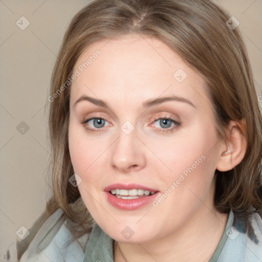 Joyful white young-adult female with medium  brown hair and blue eyes