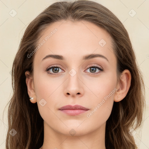 Neutral white young-adult female with long  brown hair and grey eyes