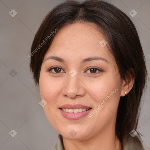 Joyful white young-adult female with medium  brown hair and brown eyes