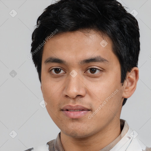 Neutral asian young-adult male with short  black hair and brown eyes