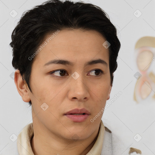 Neutral white young-adult female with short  brown hair and brown eyes