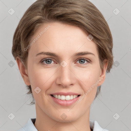 Joyful white young-adult female with medium  brown hair and grey eyes