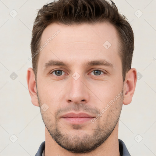 Neutral white young-adult male with short  brown hair and grey eyes