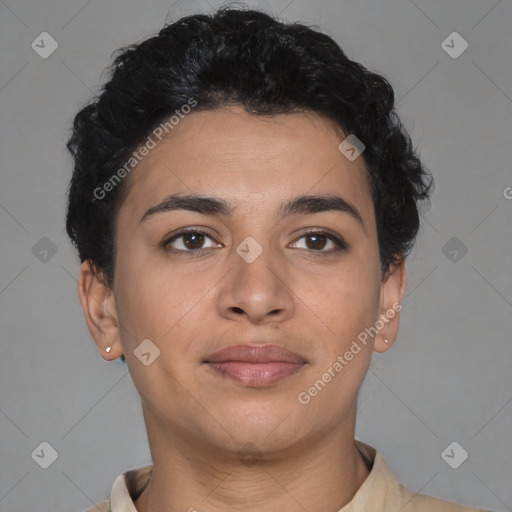 Joyful latino young-adult female with short  brown hair and brown eyes