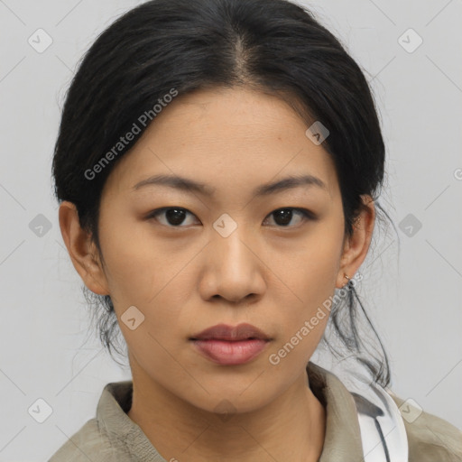 Neutral asian young-adult female with medium  brown hair and brown eyes