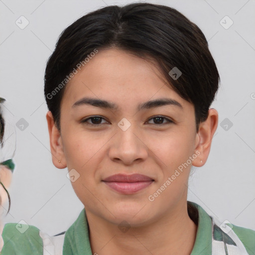 Joyful asian young-adult female with short  brown hair and brown eyes