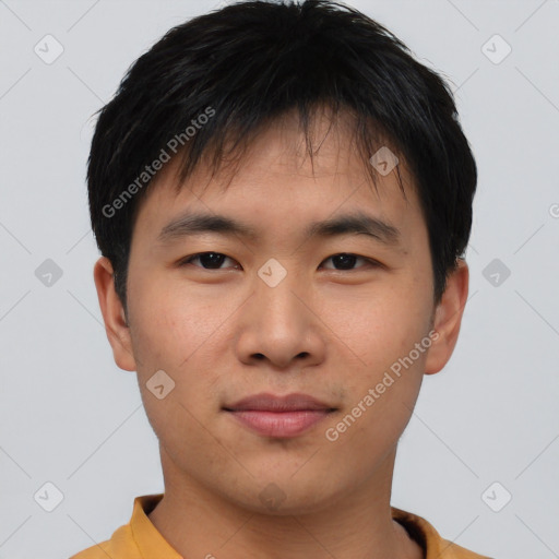 Neutral asian young-adult male with short  brown hair and brown eyes