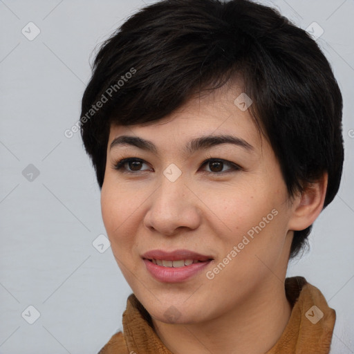 Joyful asian young-adult female with medium  brown hair and brown eyes