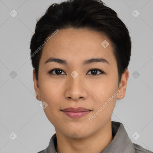 Joyful asian young-adult female with short  black hair and brown eyes