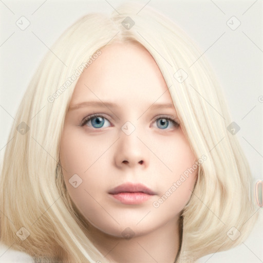 Neutral white young-adult female with long  brown hair and blue eyes