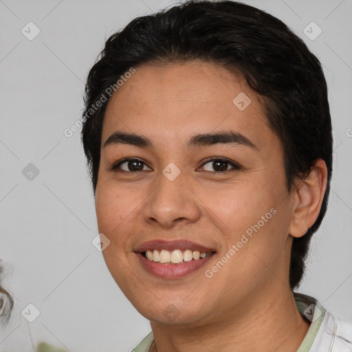 Joyful white young-adult female with medium  brown hair and brown eyes