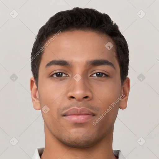 Neutral latino young-adult male with short  brown hair and brown eyes