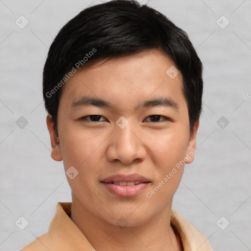 Joyful asian young-adult male with short  black hair and brown eyes