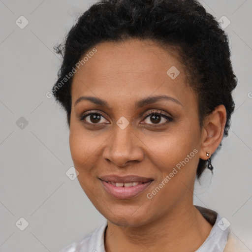 Joyful latino young-adult female with short  brown hair and brown eyes