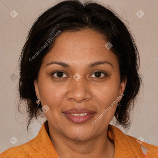 Joyful white adult female with medium  brown hair and brown eyes