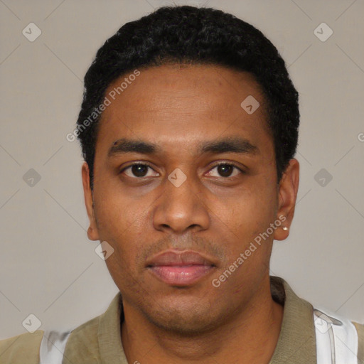 Neutral black young-adult male with short  black hair and brown eyes