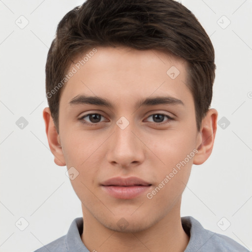 Neutral white young-adult male with short  brown hair and brown eyes