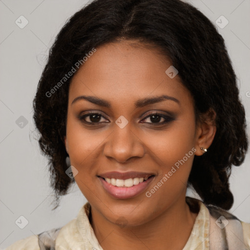 Joyful black young-adult female with medium  brown hair and brown eyes