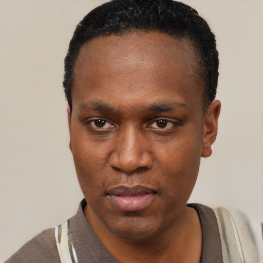 Neutral black young-adult male with short  black hair and brown eyes