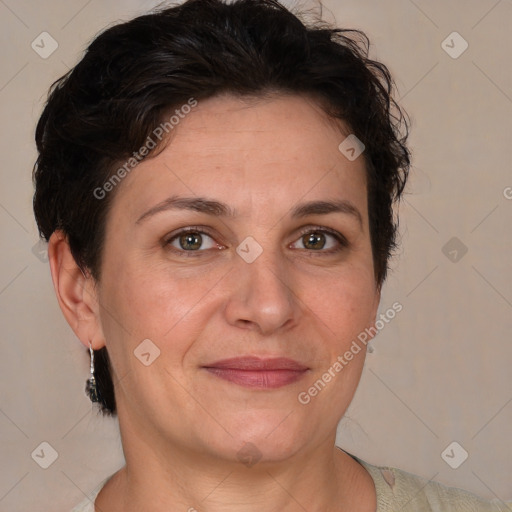 Joyful white adult female with short  brown hair and brown eyes