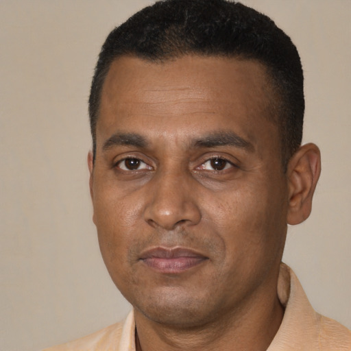 Joyful black adult male with short  black hair and brown eyes