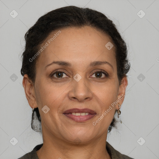 Joyful white adult female with short  brown hair and brown eyes