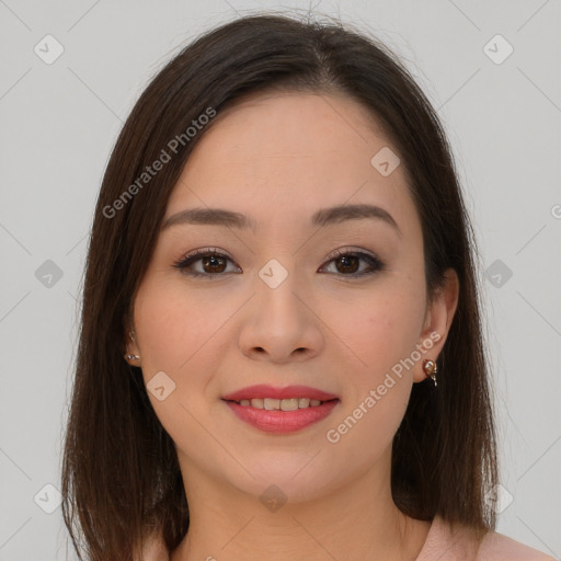 Joyful asian young-adult female with long  brown hair and brown eyes