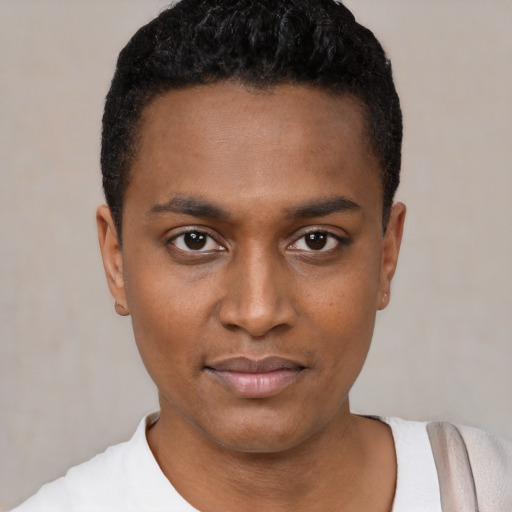 Neutral black young-adult male with short  black hair and brown eyes