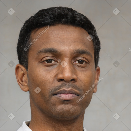Neutral black young-adult male with short  brown hair and brown eyes