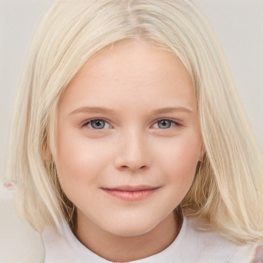 Joyful white child female with medium  blond hair and blue eyes