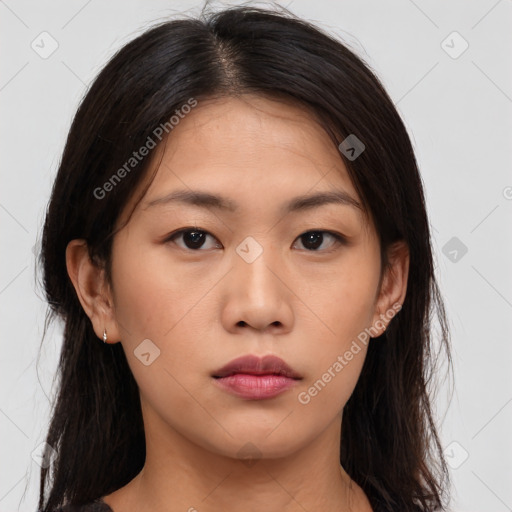 Neutral asian young-adult female with long  brown hair and brown eyes