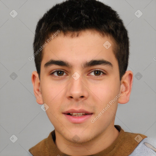 Neutral white young-adult male with short  brown hair and brown eyes