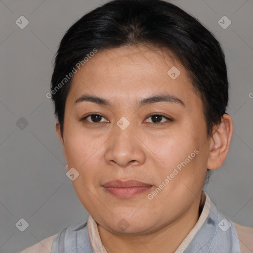 Joyful asian young-adult female with short  brown hair and brown eyes