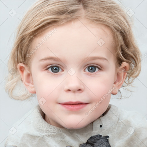 Joyful white child female with medium  brown hair and blue eyes