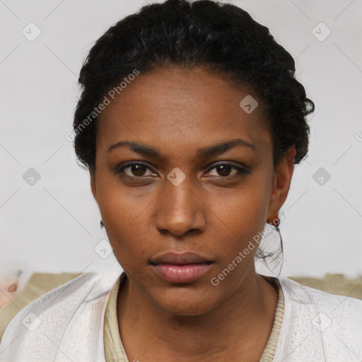 Neutral black young-adult female with short  black hair and brown eyes