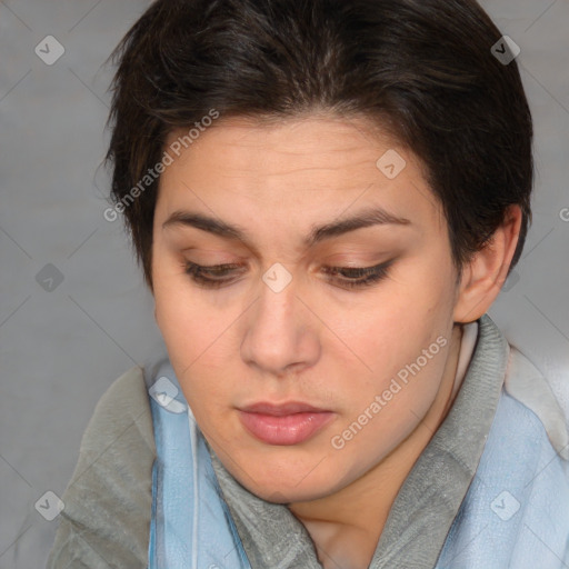 Neutral white young-adult female with medium  brown hair and brown eyes