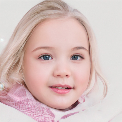 Joyful white child female with medium  brown hair and blue eyes