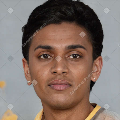 Neutral latino young-adult male with short  black hair and brown eyes