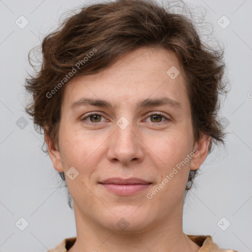 Joyful white adult female with short  brown hair and brown eyes