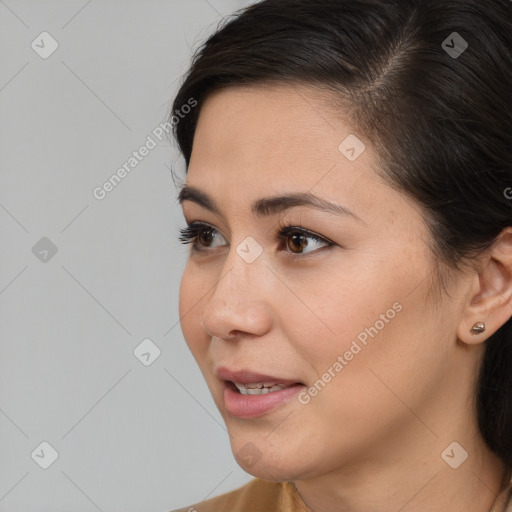 Neutral white young-adult female with medium  brown hair and brown eyes