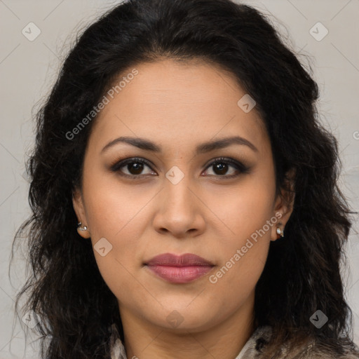 Joyful latino young-adult female with long  brown hair and brown eyes