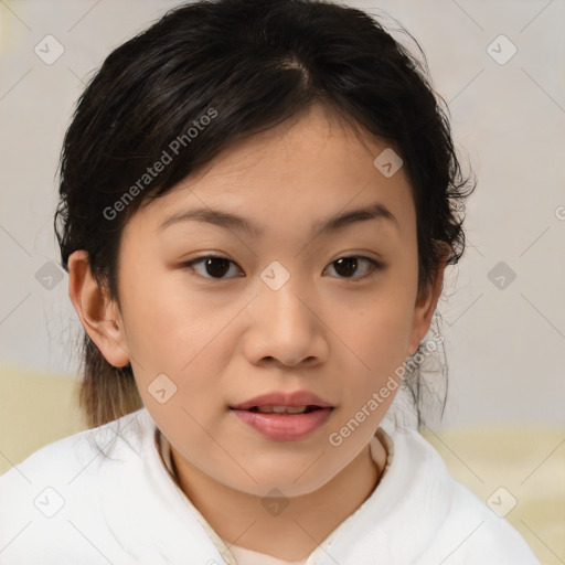 Joyful white child female with medium  brown hair and brown eyes