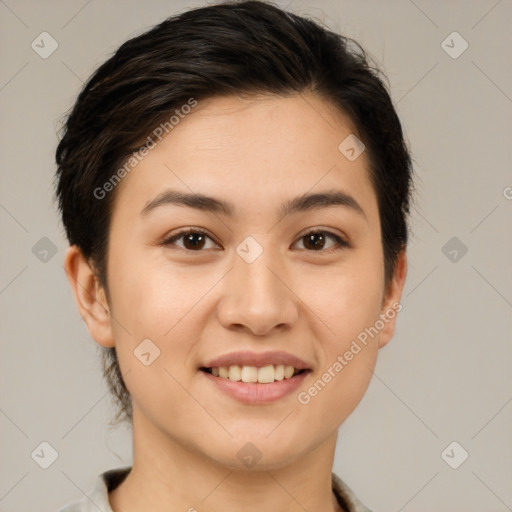 Joyful white young-adult female with short  brown hair and brown eyes