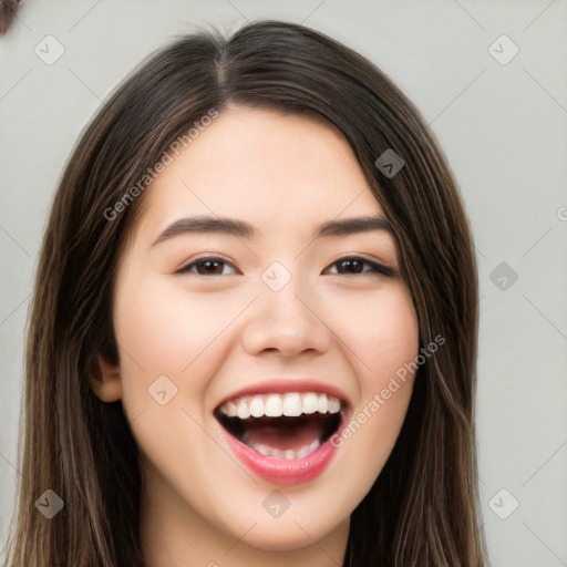 Joyful white young-adult female with long  brown hair and brown eyes