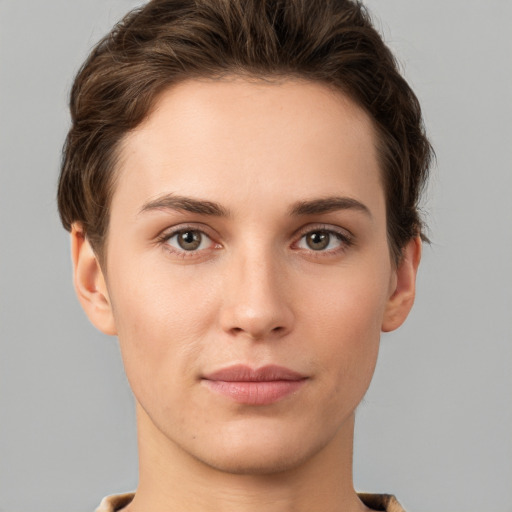 Neutral white young-adult female with short  brown hair and brown eyes