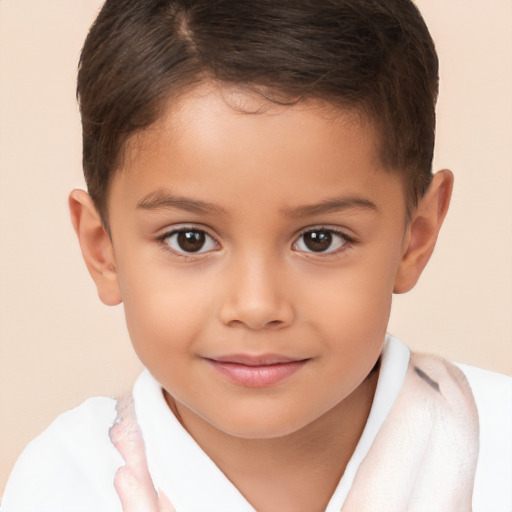 Joyful white child male with short  brown hair and brown eyes