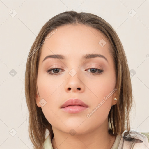 Neutral white young-adult female with medium  brown hair and brown eyes