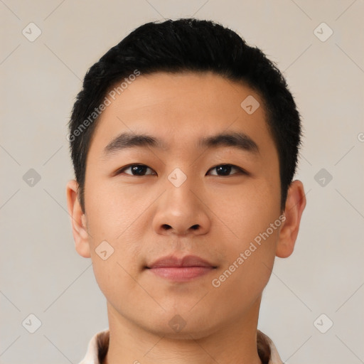 Neutral asian young-adult male with short  black hair and brown eyes