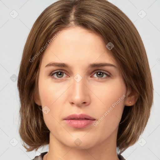 Neutral white young-adult female with medium  brown hair and brown eyes