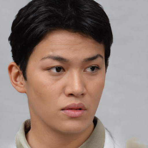 Neutral asian young-adult female with short  brown hair and brown eyes
